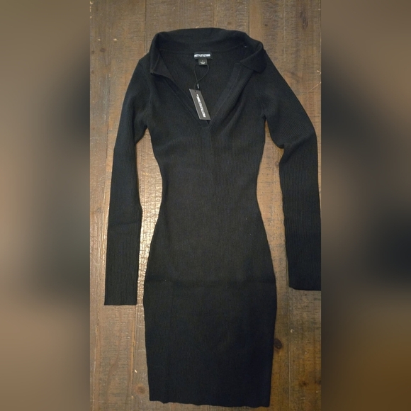 Small PrettyLittleThing Black Long Sleeve Bodycon Mini Dress Collar Small Ribbed - Picture 2 of 3